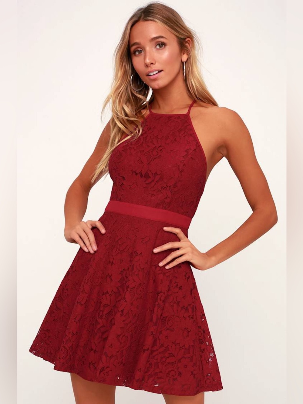 NEW Lulus lace Halter Skater Dress in Wine Red small - Picture 3 of 8